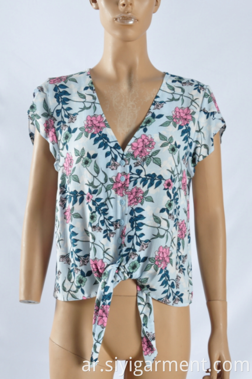 Woman's V-Neck Short-Sleeved Rayon Print Blouse